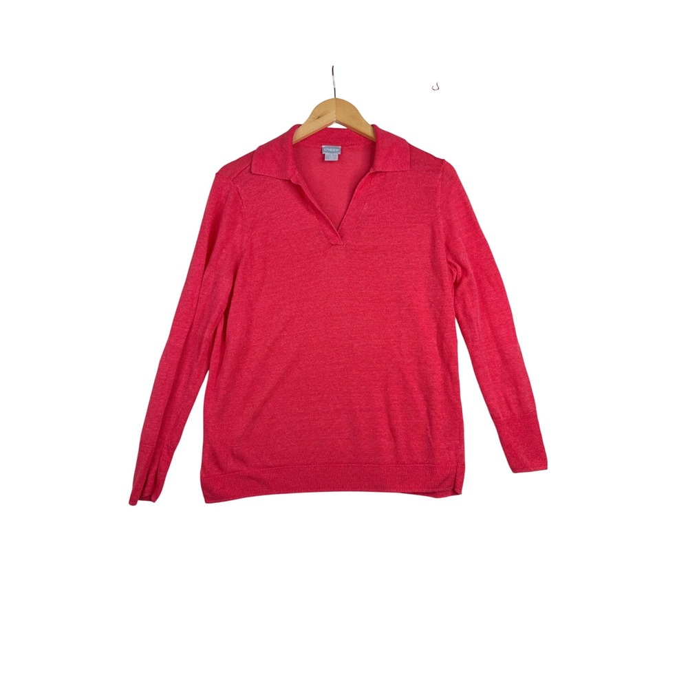 Chico's Linen Blend Collar‎ Neck Long Sleeve Top size Large Red